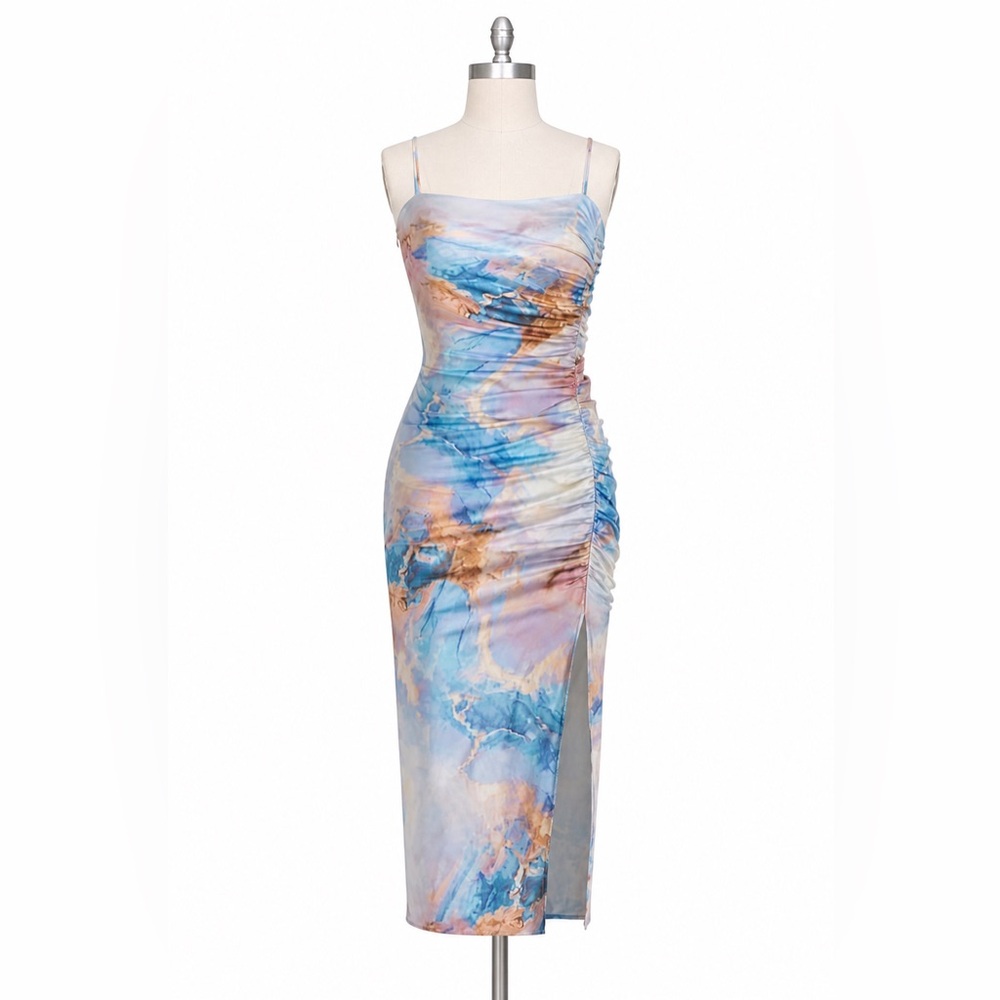 CIDER Marble Print Ruched Midi Dress | Slit | Spaghetti Strap | XL NWT